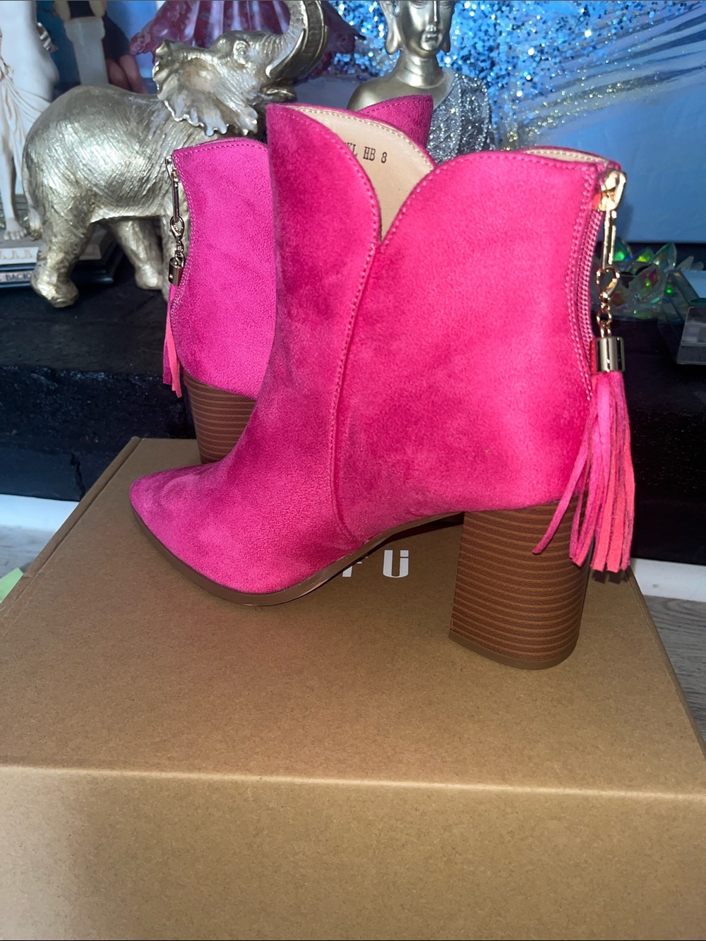 Suede Tassel Block Heel Ankle Boots in Bright Pink